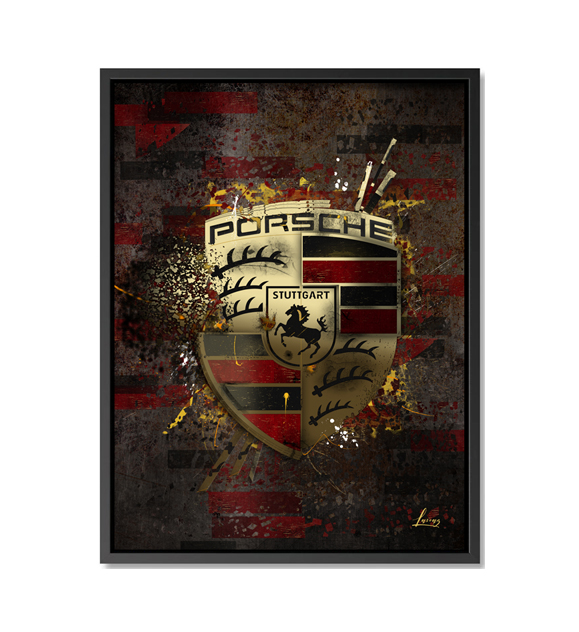 Une représentation artistique et abstraite du logo Porsche avec son cheval emblématique et les cou...