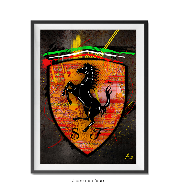 Logo cheval Ferrari noir, style graffiti sur fond orange avec rayures rouges et jaunes. La scène se...