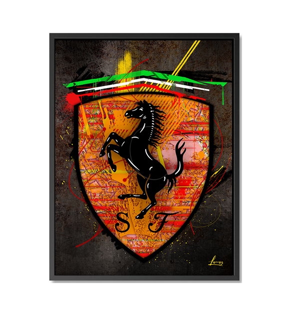 Logo cheval Ferrari noir, style graffiti sur fond orange avec rayures rouges et jaunes. La scène se...