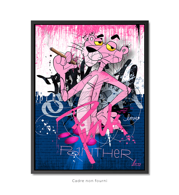 Graffiti of the Pink Panther in an urban setting, with pink text and graffiti-style background eleme...