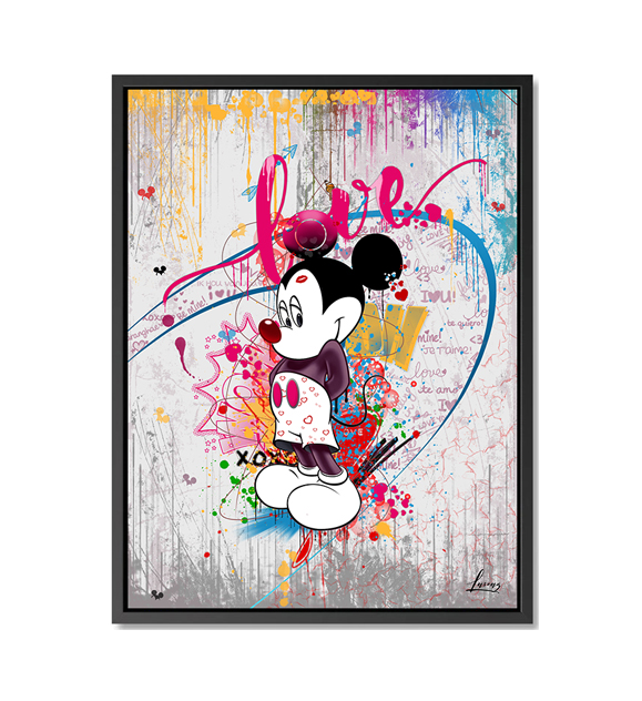 Mickey Mouse in the style of graffiti, with I love you written on it, in white and pink tones, surro...