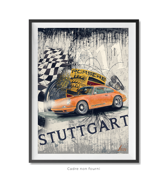 Affiche vintage d'une voiture Porsche avec drapeau à damier de course et mot 