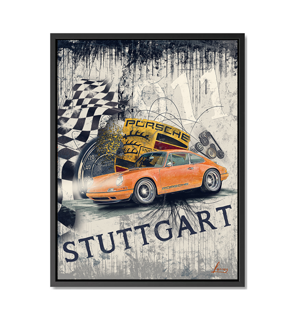 Affiche vintage d'une voiture Porsche avec drapeau à damier de course et mot 