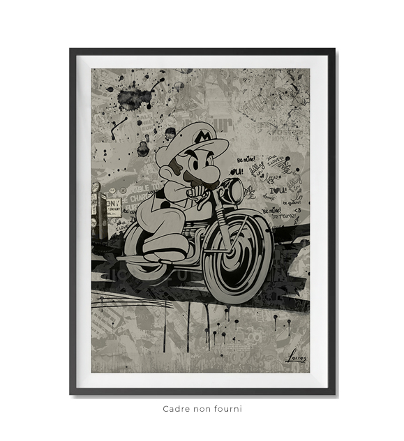 Super mario on his motorbike, wall full of graffiti and comic effect, black white and grey colors, v...