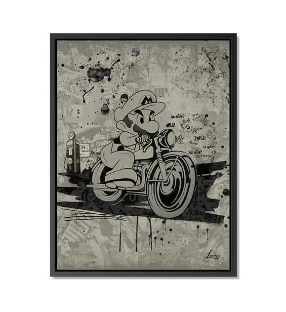 Super mario on his motorbike, wall full of graffiti and comic effect, black white and grey colors, v...