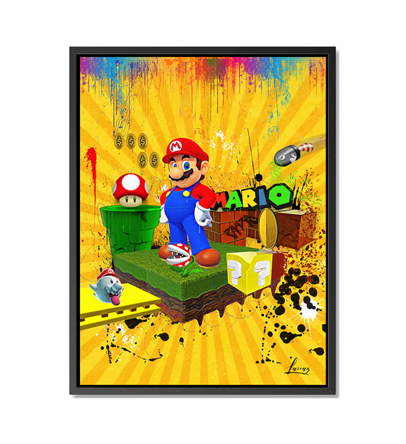 Dessin animé 3D, fond Super Mario pour chambre d'enfant avec couleurs jaune vert bleu rouge et noir...