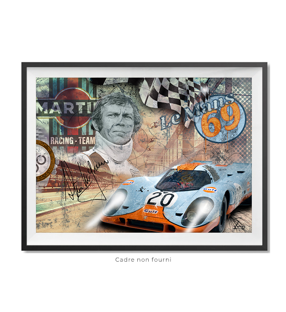 A digital collage of Steve McQueen in his Porsche race car, with the Le Mans logo and Le Mans text p...