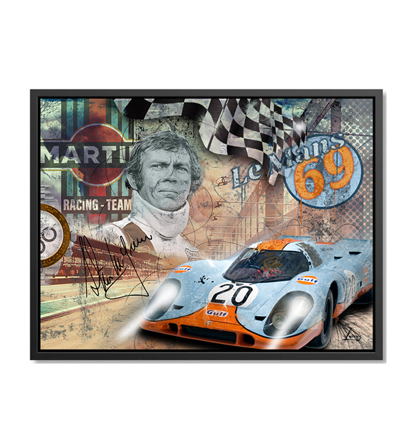 A digital collage of Steve McQueen in his Porsche race car, with the Le Mans logo and Le Mans text p...