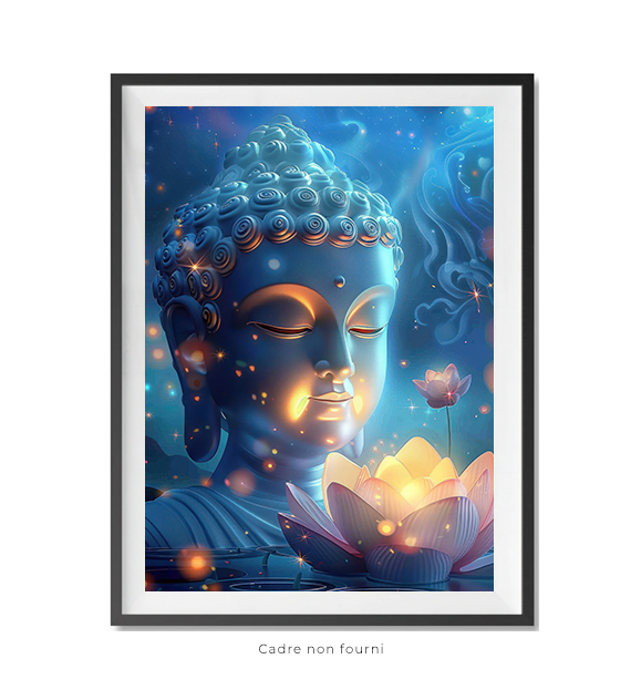 Bouddha avec fleur de lotus, fond bleu et ciel étoilé, visage de Bouddha blanc, style dessin anim...