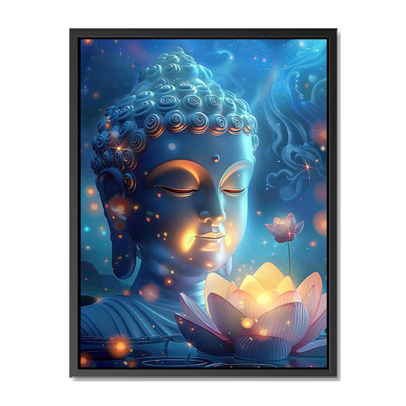 Bouddha avec fleur de lotus, fond bleu et ciel étoilé, visage de Bouddha blanc, style dessin anim...