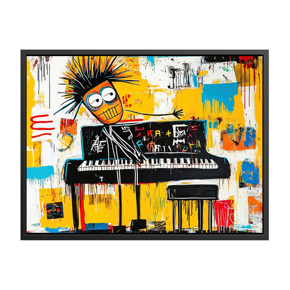 Peinture dans le style de Basquiat d'un piano anthropomorphe jouant tout seul, dans un style cartoon...