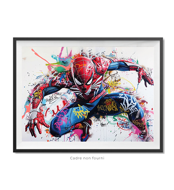 Une peinture de Spiderman couverte de graffitis sur fond blanc montrant tout son corps dans un style...