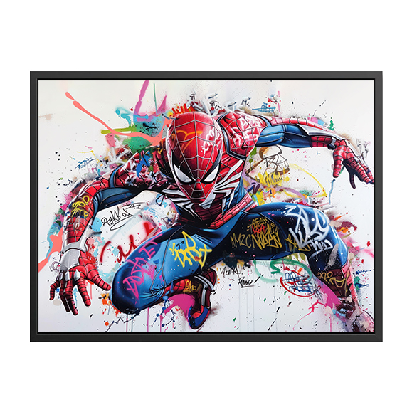 Une peinture de Spiderman couverte de graffitis sur fond blanc montrant tout son corps dans un style...