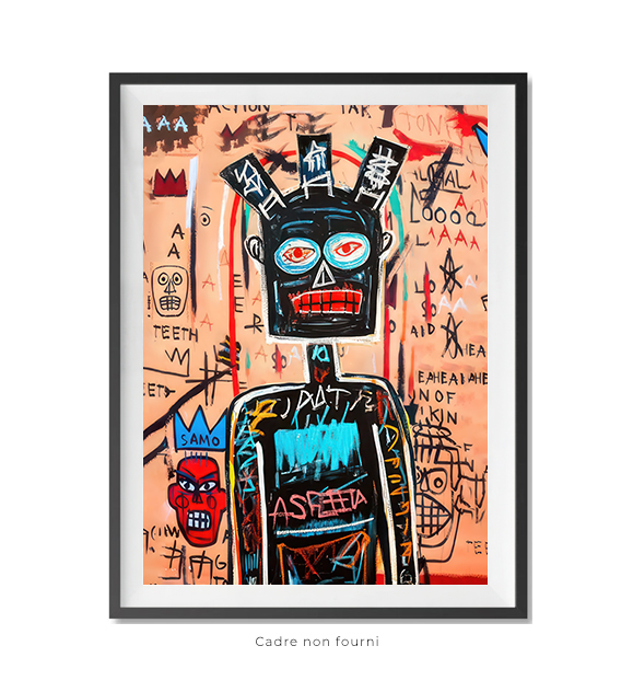 peinture d'un homme avec un visage et une tête à dessin rouge, vert et bleu, basquiat | afrofuturi...