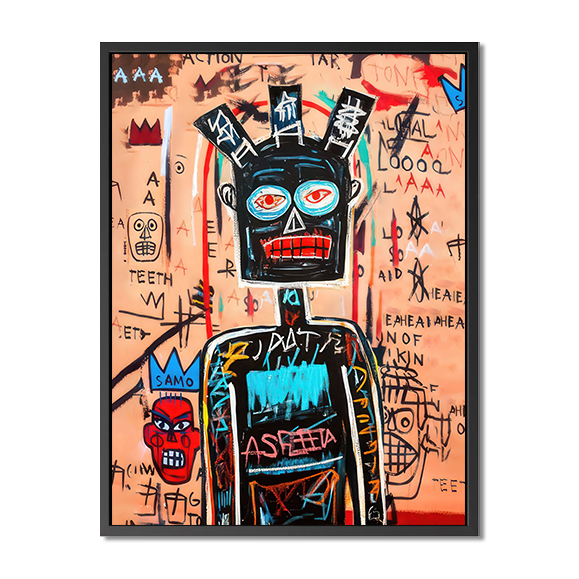 peinture d'un homme avec un visage et une tête à dessin rouge, vert et bleu, basquiat | afrofuturi...