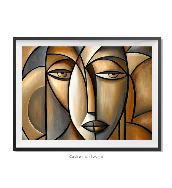 Peinture cubiste abstraite de visages africains, dans les tons de marron et de gris, aux formes basi...