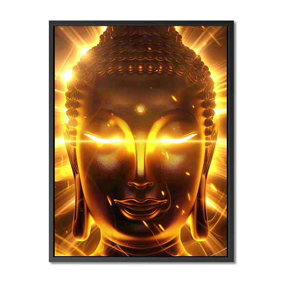 visage de Bouddha avec des rayons dorés brillants émanant de la tête, l'arrière-plan est vibrant...