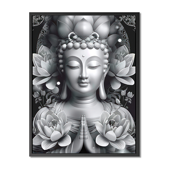 Une œuvre d'art du Bouddha avec des fleurs de lotus dans des tons blancs et gris sur fond noir