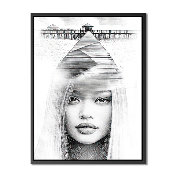 Affiche de dessin au crayon noir et blanc représentant un modèle aux cheveux longs, une forme de p...