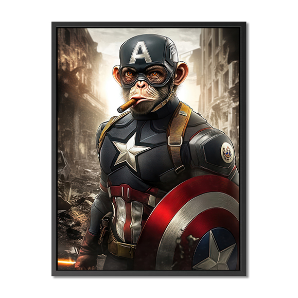 A monkey dressed as Captain America, holding his shield, is smoking in the ruins of New York, in the...