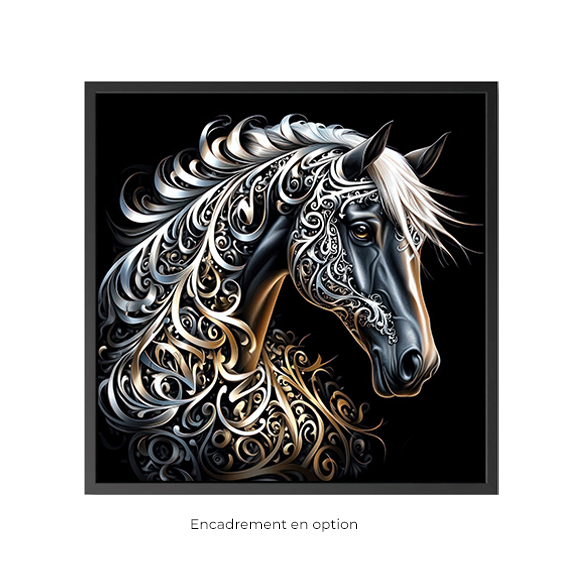 a black background with an ornamental horse head, framed in white and gold, with the text 