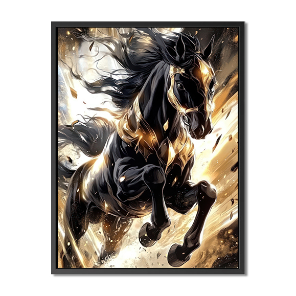 affiche de style anime noir et or représentant un cheval noir courant vite, art anime, haute qualit...