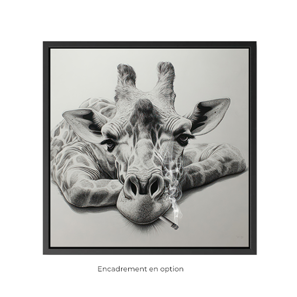 Girafe Fumeuse : Giraffe smoking, pencil drawing, realistic, detailed, with the text 