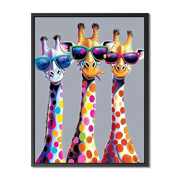 Girafes Color : A vibrant, colorful giraffe with sunglasses wall art print of the three cute, funny cartoon animal c...