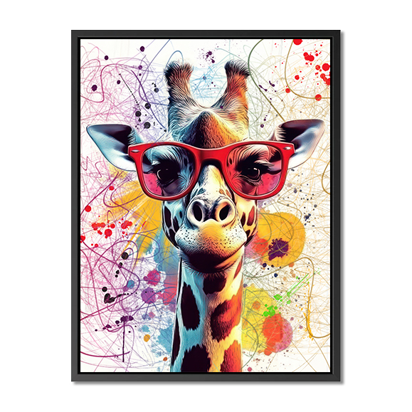 Girafe Pop Art : Girafe colorée avec des lunettes rouges, impression encadrée dans le style de Kim H. Fecha, fond b...