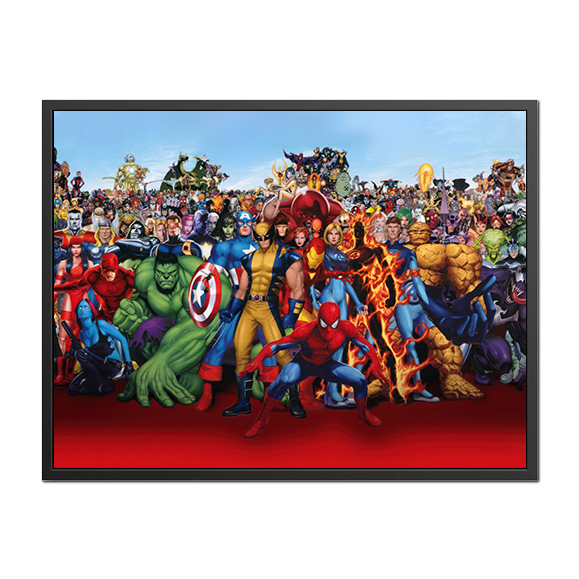 Marvel DC Comics : Une affiche de l'univers Marvel avec tous ses personnages, dont Iron Man et Spider-Man, debout les u...