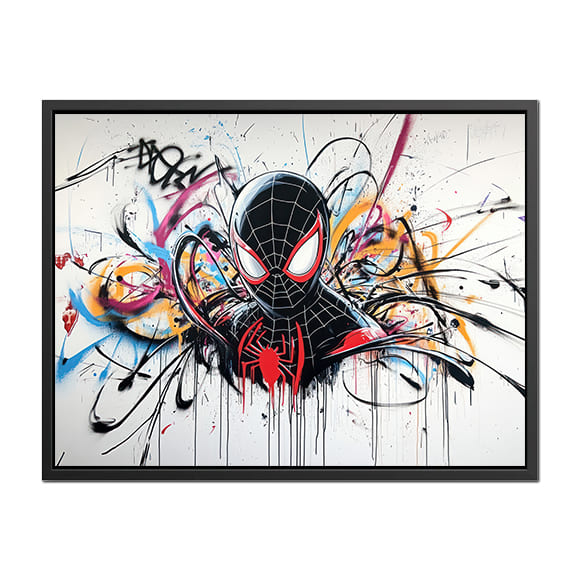 Spiderman Grafitti Noir : Peinture d'art abstrait avec un cadre noir représentant Spider-Man de Marvel sur fond blanc, avec d...