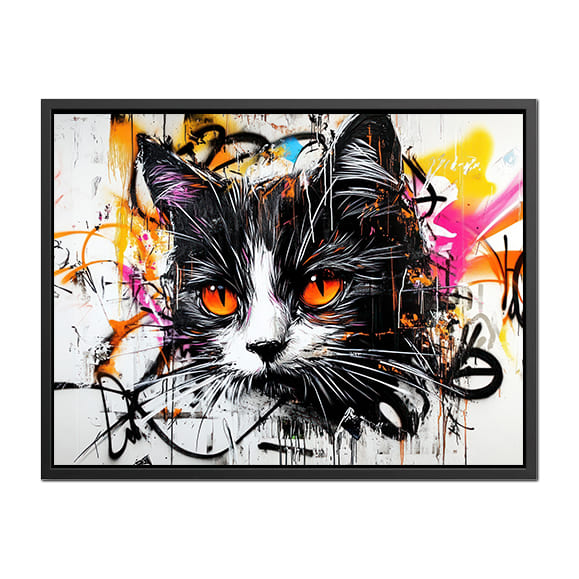 Chat Pop Art : Une œuvre de style graffiti représentant un chat noir et blanc nerveux aux yeux orange, dans le st...