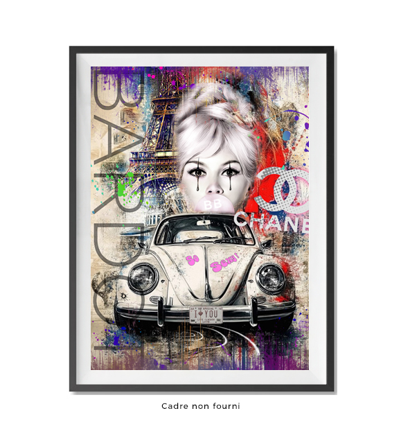 Tableaux : le visage de Brigitte Bardot en gros plan, positionné au centre de l’œuvre. Le style est résolu...