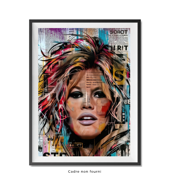 Tableaux : le visage de Brigitte Bardot en gros plan, positionné au centre de l’œuvre. Le style est résolu...