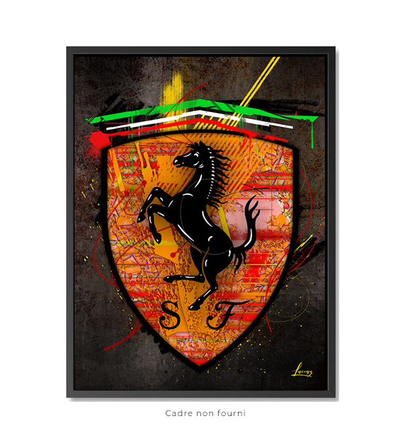 Logo cheval Ferrari noir, style graffiti sur fond orange avec rayures rouges et jaunes. La scène se...