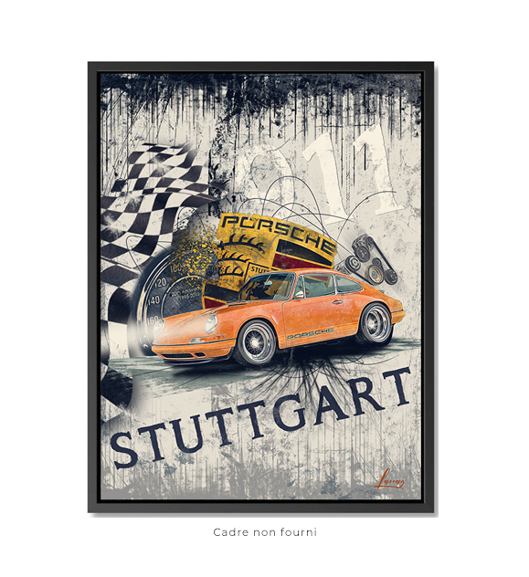 Affiche vintage d'une voiture Porsche avec drapeau à damier de course et mot 