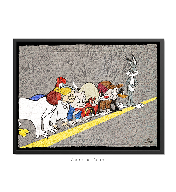 Les personnages de Looney Tunes alignés sur la ligne de départ d'une piste, dessinés à la craie ...