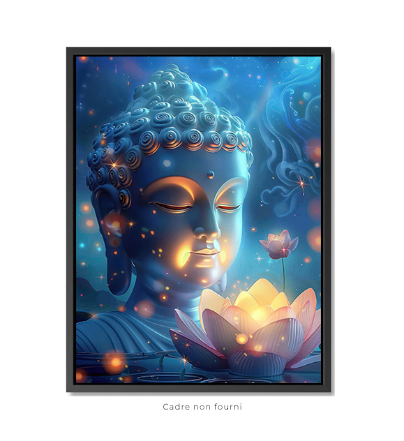 Bouddha avec fleur de lotus, fond bleu et ciel étoilé, visage de Bouddha blanc, style dessin anim...