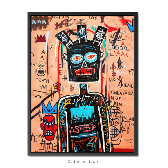 peinture d'un homme avec un visage et une tête à dessin rouge, vert et bleu, basquiat | afrofuturi...