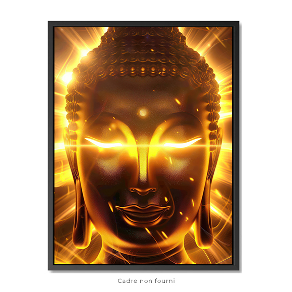 visage de Bouddha avec des rayons dorés brillants émanant de la tête, l'arrière-plan est vibrant...