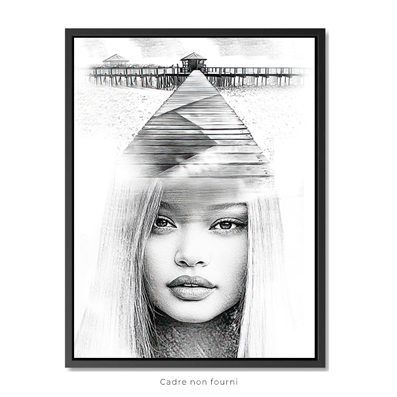 Affiche de dessin au crayon noir et blanc représentant un modèle aux cheveux longs, une forme de p...