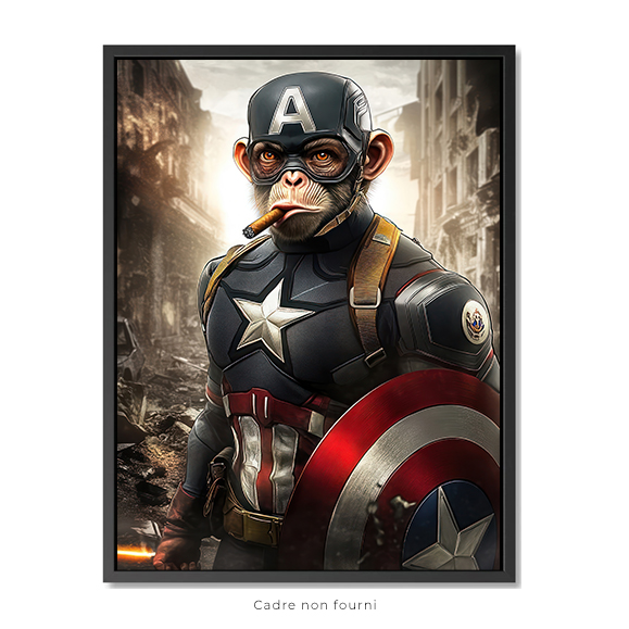 A monkey dressed as Captain America, holding his shield, is smoking in the ruins of New York, in the...