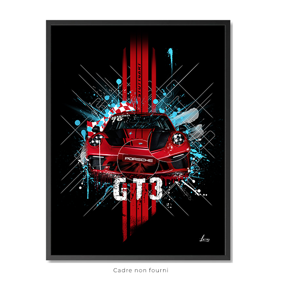 Un tableau représentant un phare de voiture Porsche rouge sur fond noir avec un effet 
graffiti ble...