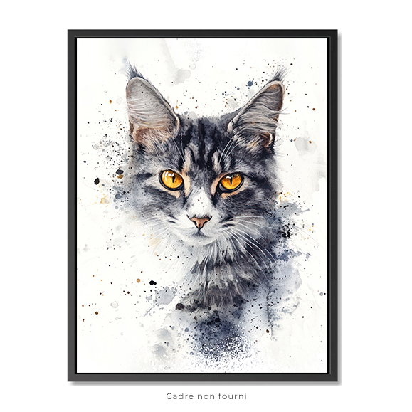 Portrait de chat à l'aquarelle, beaux yeux, affiche encadrée avec fond blanc et cadre noir, style ...