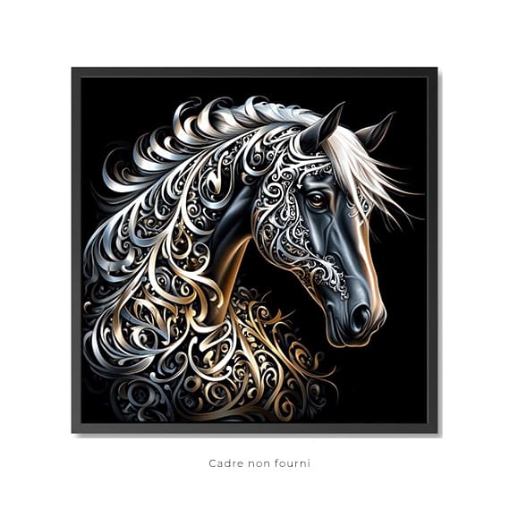 a black background with an ornamental horse head, framed in white and gold, with the text 