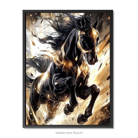 affiche de style anime noir et or représentant un cheval noir courant vite, art anime, haute qualit...