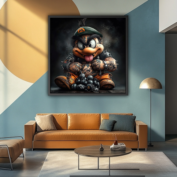 Tableau : Peinture sur le mur dans un intérieur moderne d'un salon, une représentation de Wario des jeux Mario avec des tatouages  et une casquette, assis les jambes croisées et tenant un pistolet, sur une toile dans un cadre noir, sur fond bleu, dans le style de la photographie hyperréaliste.