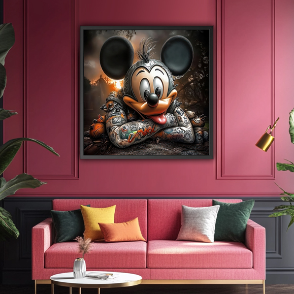 Tableau : Photo de Mickey Mouse de Disney avec des tatouages, dans un cadre noir, dans un style cartoon, avec le texte 