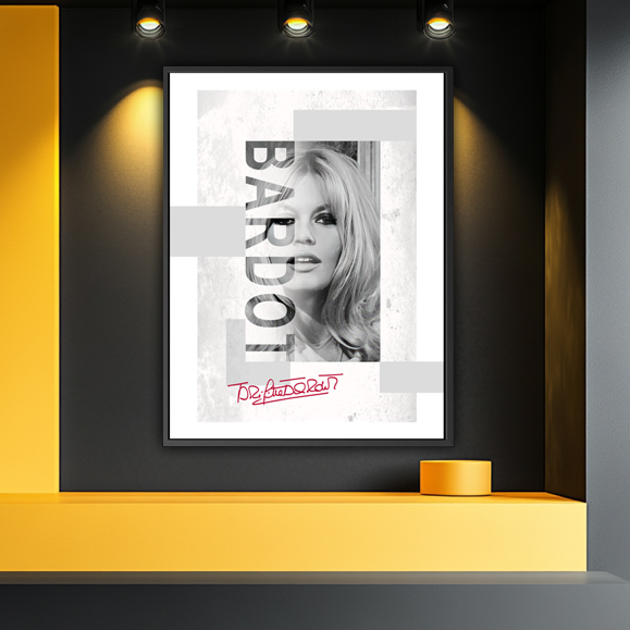 Tableau Brigitte Bardot Noir & Blanc : le visage de Brigitte Bardot en gros plan, positionné au centre de l’œuvre. Le style est résolu...