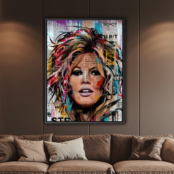 Tableau Brigitte Bardot  Portrait : le visage de Brigitte Bardot en gros plan, positionné au centre de l’œuvre. Le style est résolu...